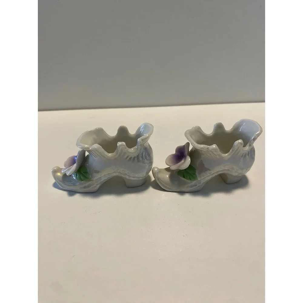 Ceramic Shoe Figurines with Violet Flowers,‎ Iridescent Glaze, Decorative Pair